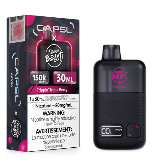 Flavour Beast x CAPSL 150K - Trippin Triple Berry disposable vape retail box and device