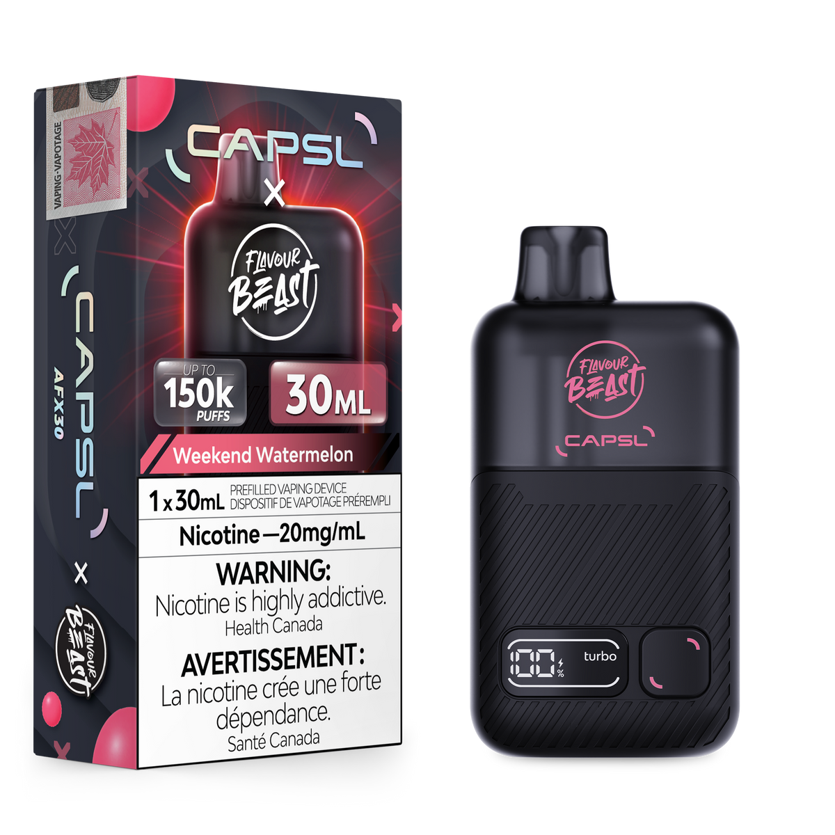Flavour Beast x CAPSL 150K - Weekend Watermelon disposable vape retail box and device