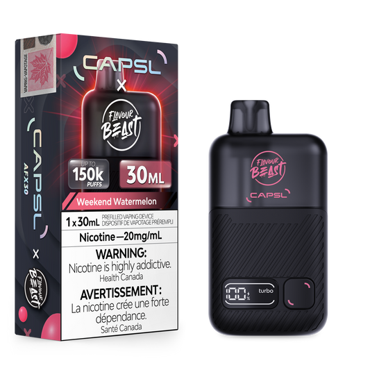 Flavour Beast x CAPSL 150K - Weekend Watermelon disposable vape retail box and device