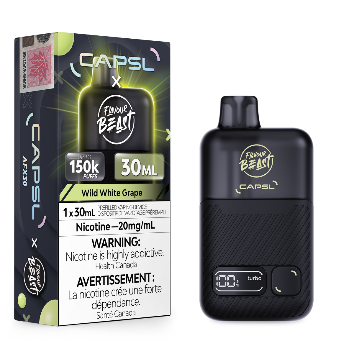 Flavour Beast x CAPSL 150K - Wild White Grape disposable vape retail box and device