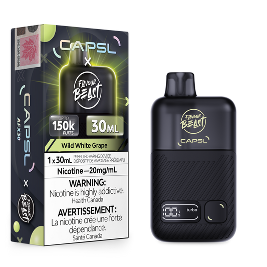 Flavour Beast x CAPSL 150K - Wild White Grape disposable vape retail box and device