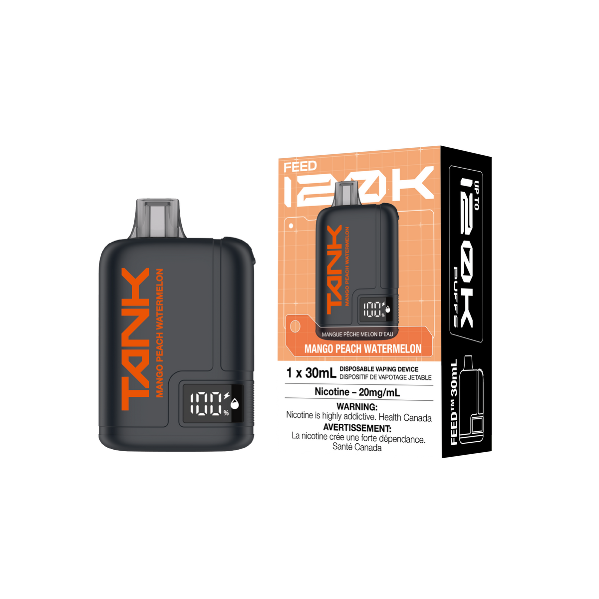 FEED Tank 120K - Mango Peach Watermelon disposable vape retail box and device