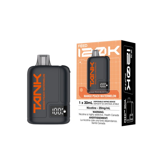 FEED Tank 120K - Mango Peach Watermelon disposable vape retail box and device
