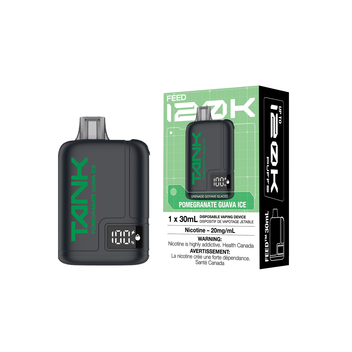 FEED Tank 120K - Pomegranate Guava Ice disposable vape retail box and device