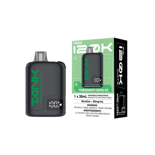 FEED Tank 120K - Pomegranate Guava Ice disposable vape retail box and device