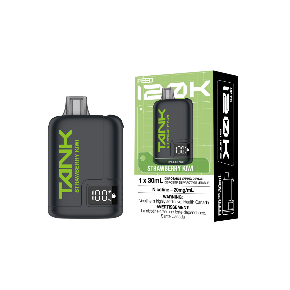 FEED Tank 120K - Strawberry Kiwi disposable vape retail box and device