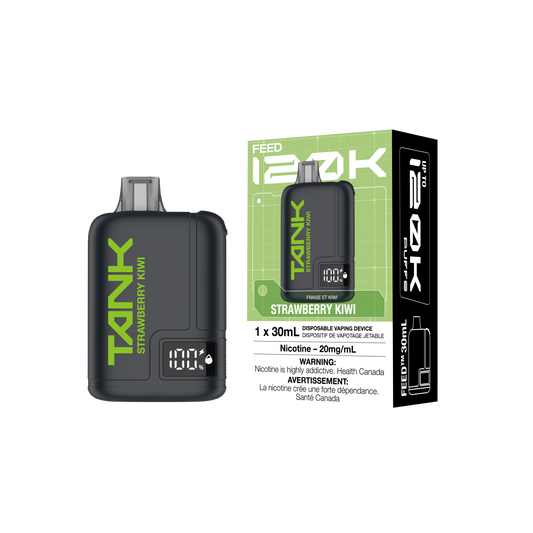 FEED Tank 120K - Strawberry Kiwi disposable vape retail box and device