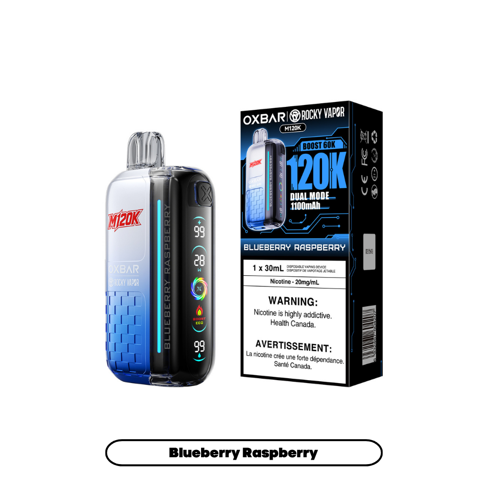 Oxbar 120k - Blueberry Raspberry disposable vape retail box and device