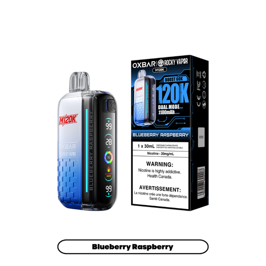 Oxbar 120k - Blueberry Raspberry disposable vape retail box and device
