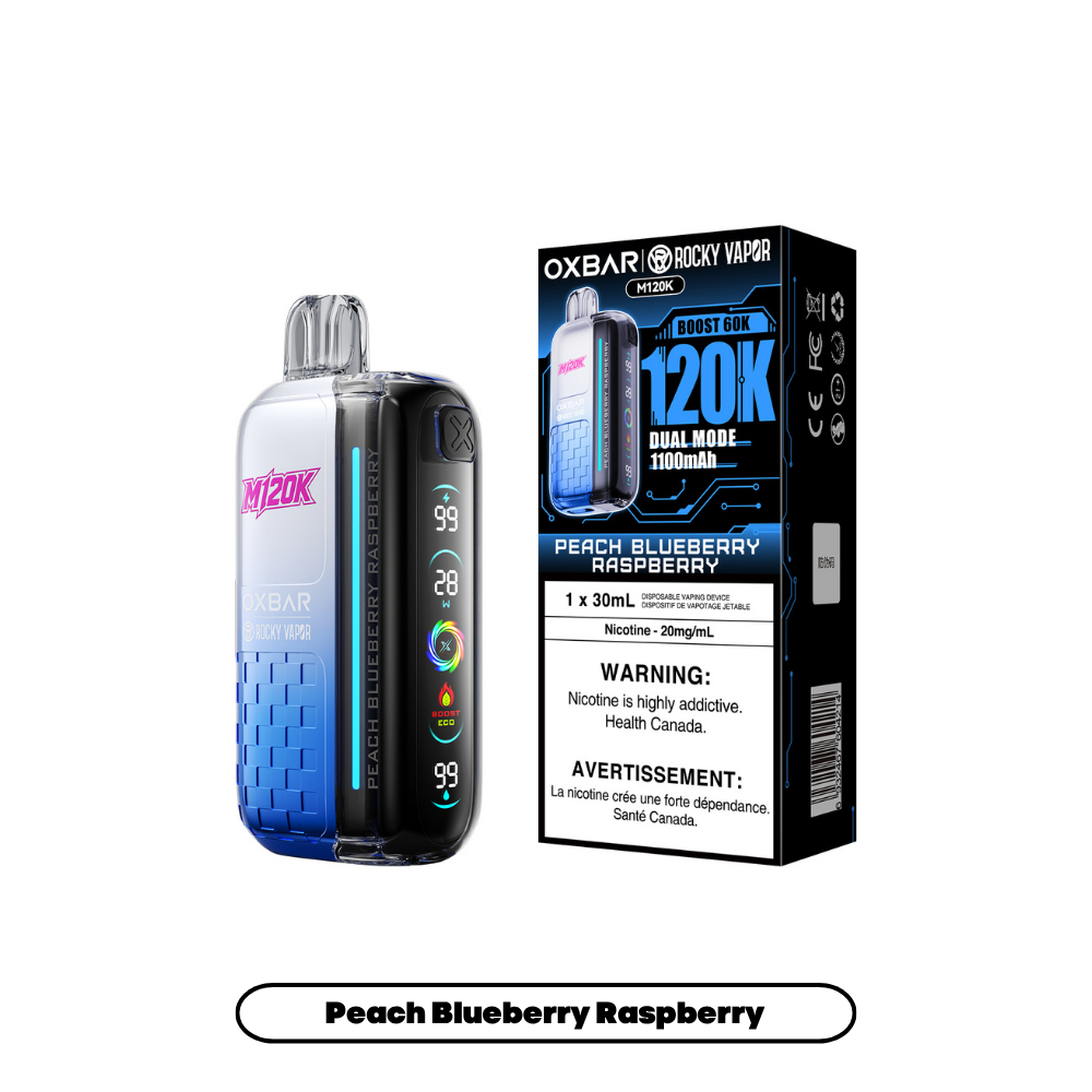 Oxbar 120k - Peach Blueberry Raspberry disposable vape retail box and device
