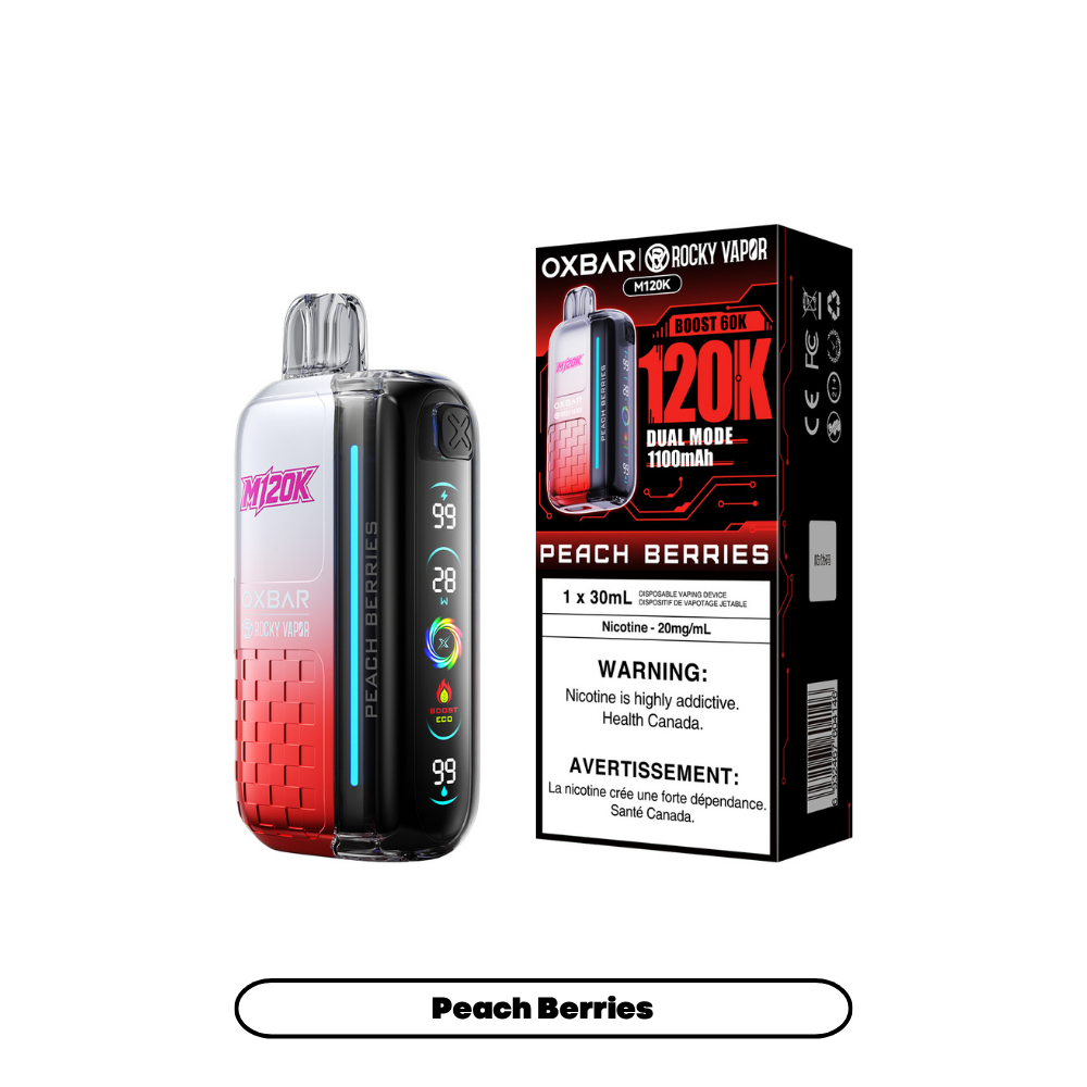 Oxbar 120k - Peach Berries disposable vape retail box and device