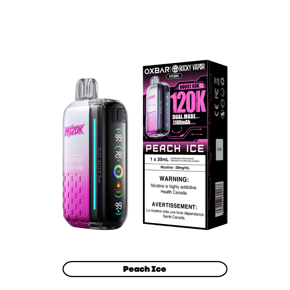 Oxbar 120k - Peach Ice disposable vape retail box and device