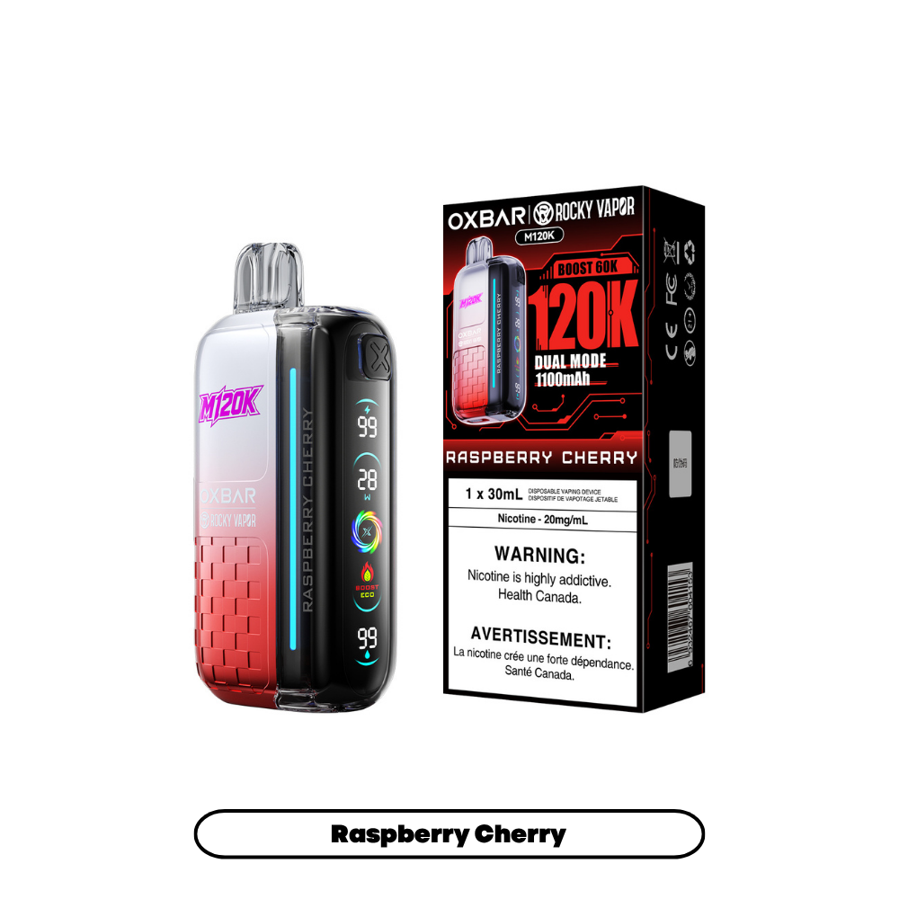 Oxbar 120k - Raspberry Cherry disposable vape retail box and device
