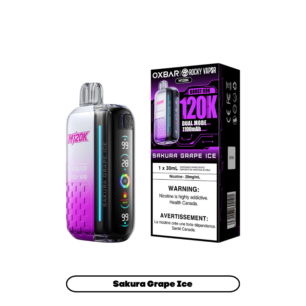 Oxbar 120k - Sakura Grape Ice disposable vape retail box and device